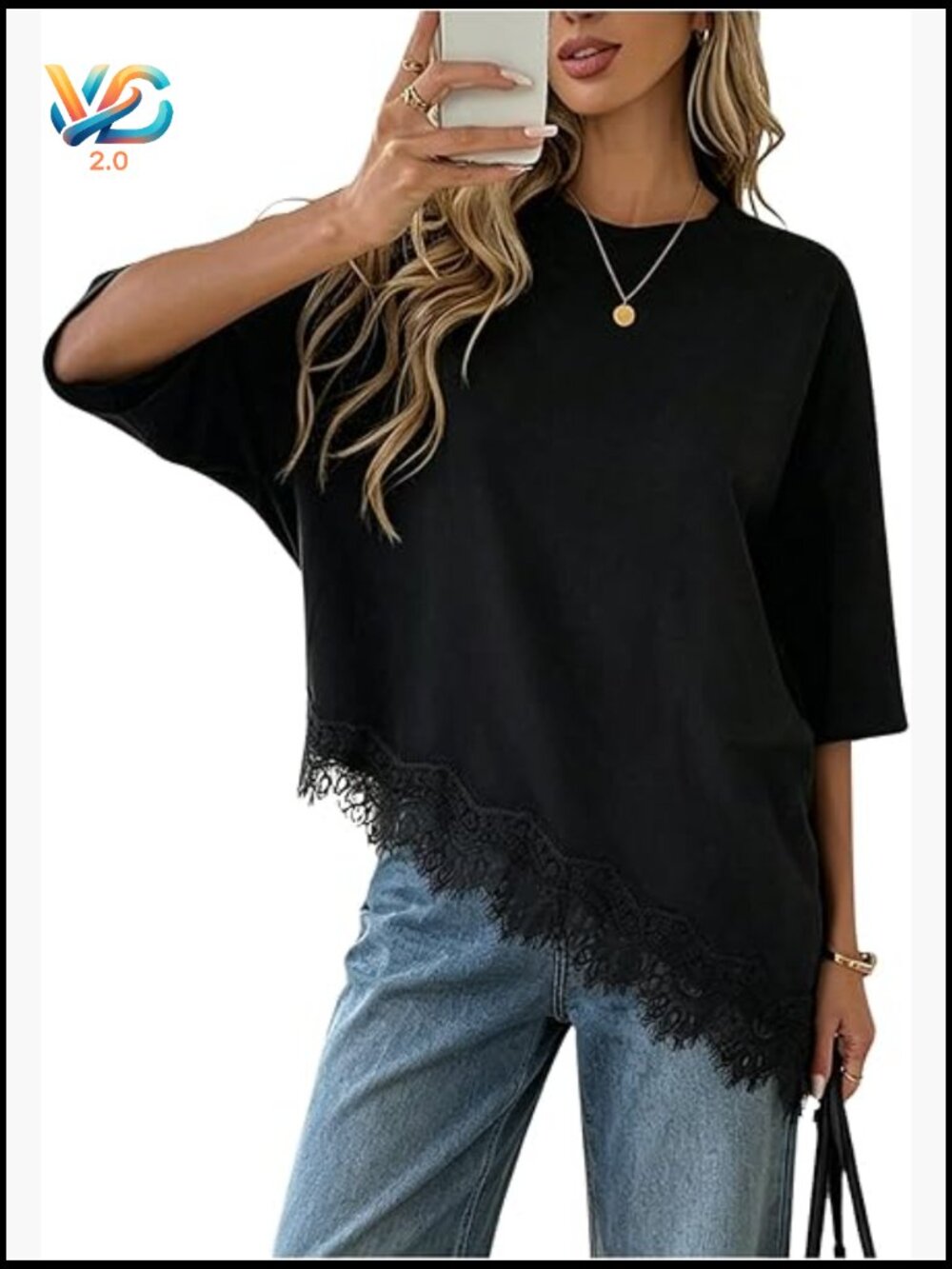 Lace Trim 3/4 Sleeve T Shirts Dressy Casual Crew Neck Oversized Asymmetrical